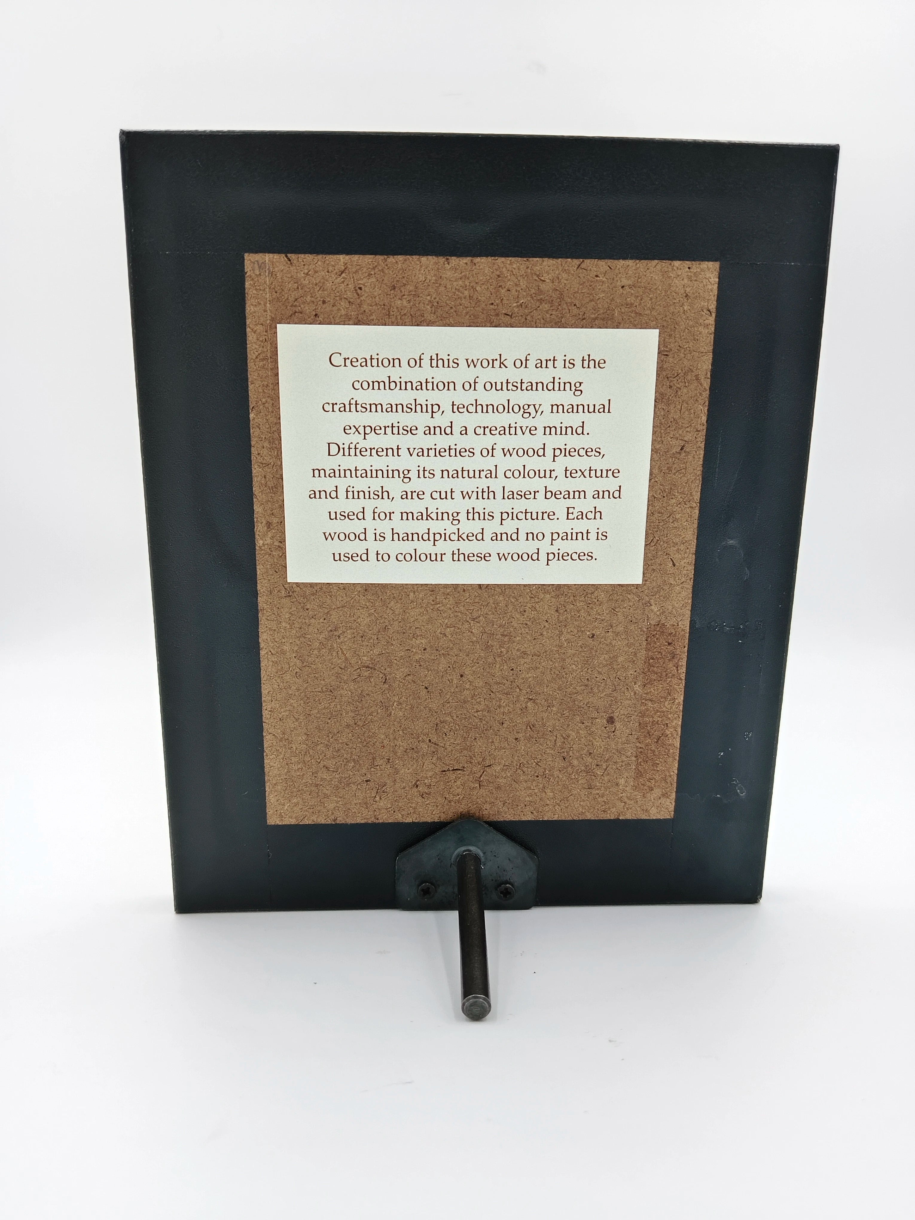 Back view of compact wood art picture frame with stand