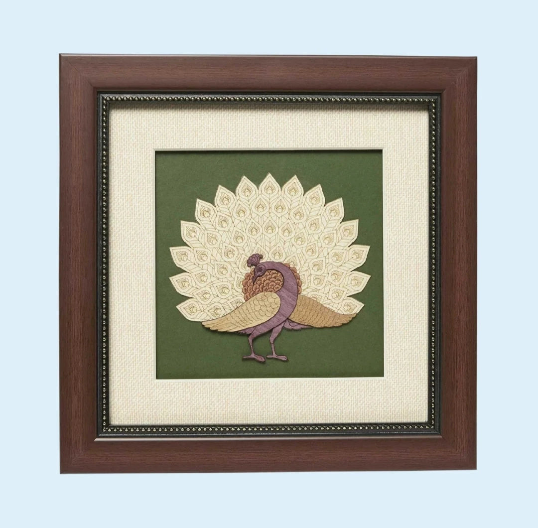 Framed artwork of a peacock with fanned feathers in beige and brown tones