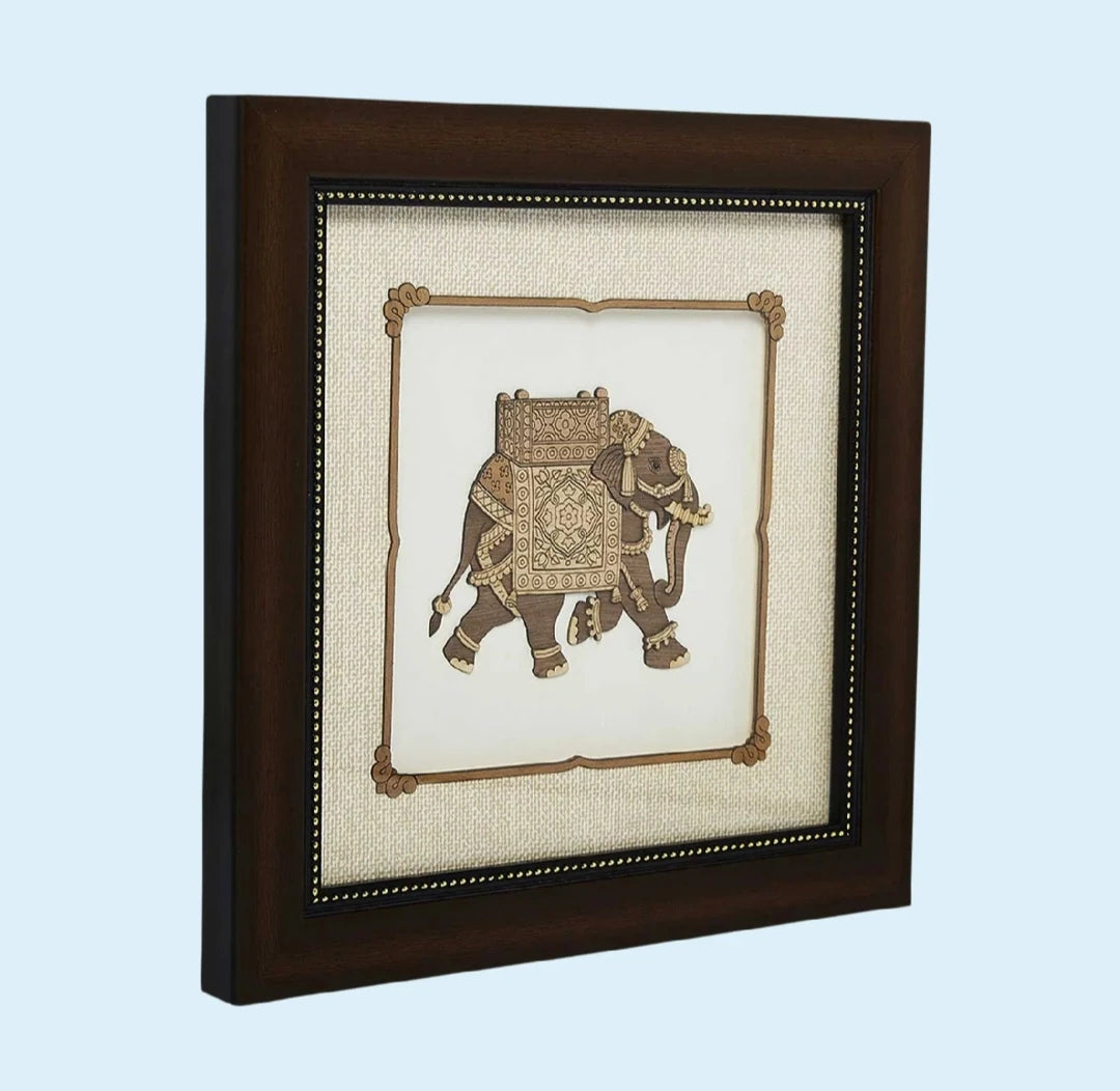 framed wooden art picture of decorated elephant with intricate patterns