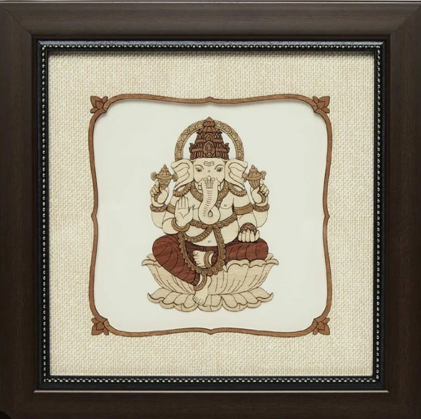 Large framed wooden artwork of Ganesh deity sitting on a lotus