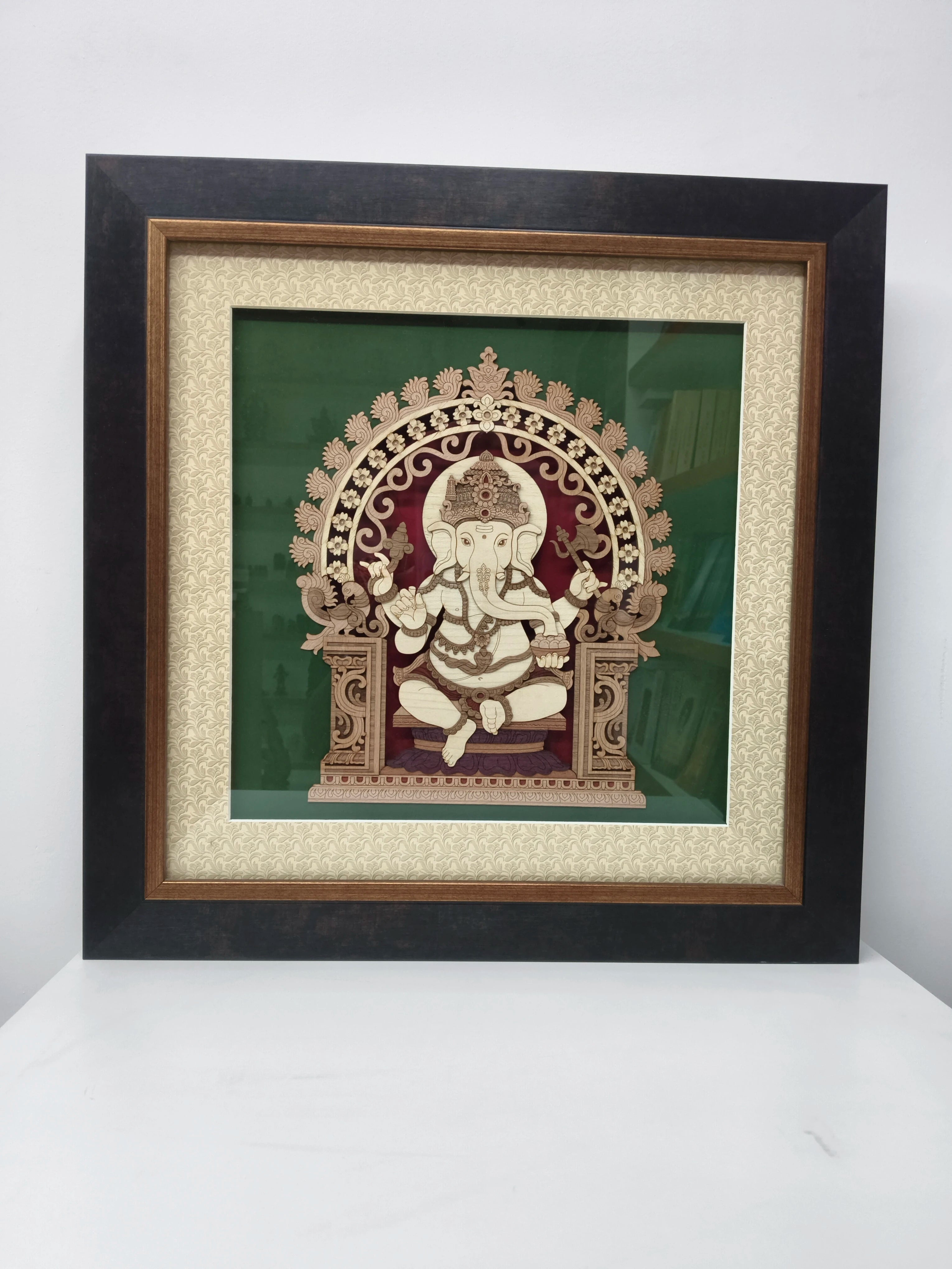 Large framed wooden wall art featuring Lord Ganapathi in ornate design