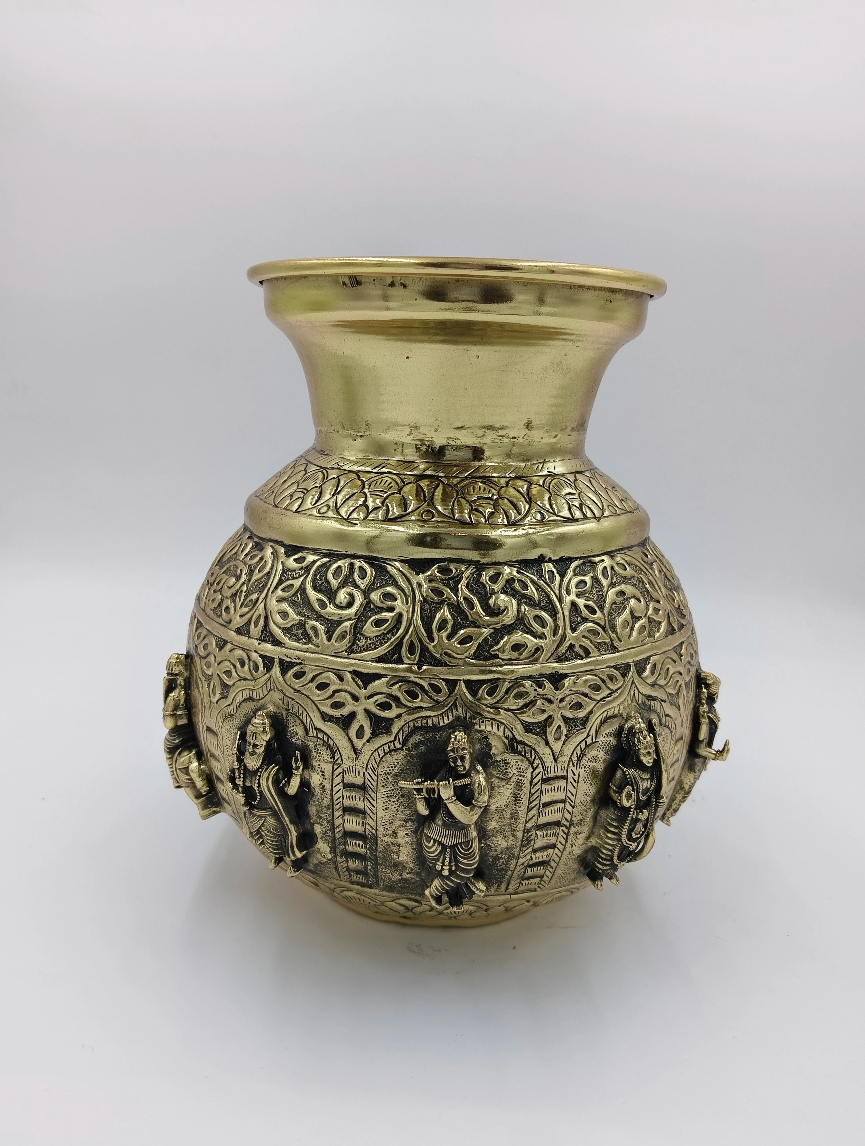 Large brass Sri Vaibhav Kalash with intricate deity and floral engravings