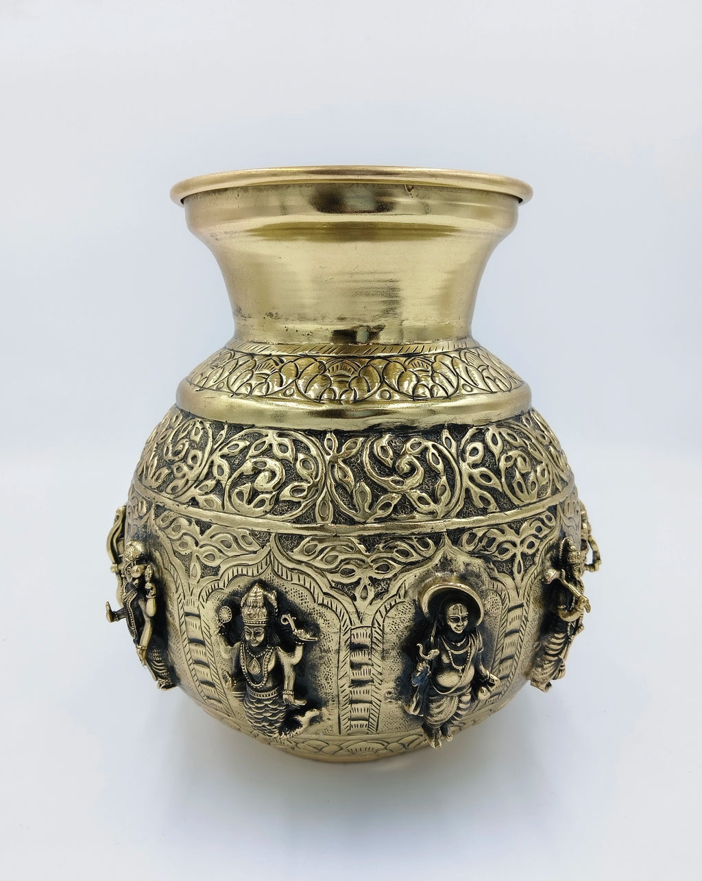 Large brass Sri Vaibhav Kalash with intricate deity carvings and floral patterns