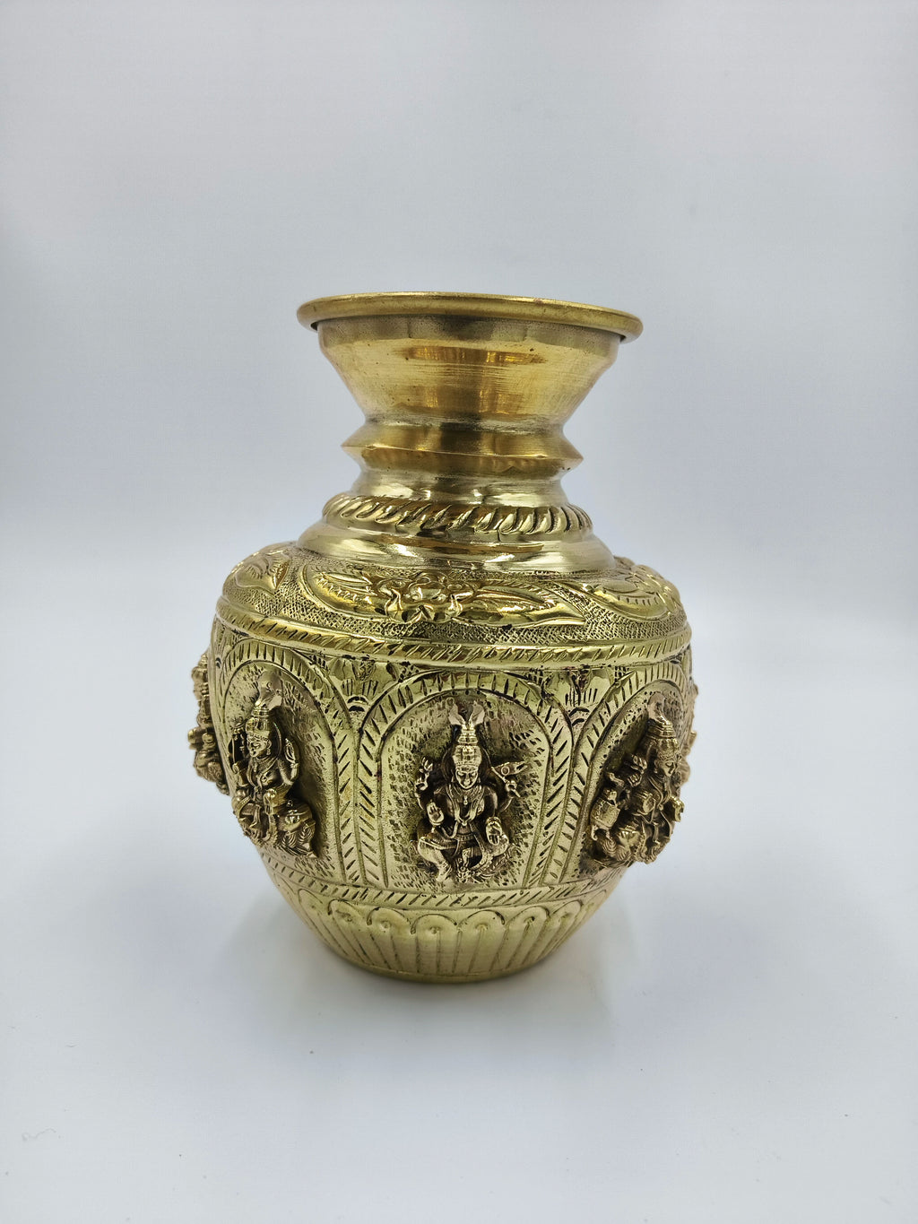 Medium brass kalash with detailed Ashtalakshmi deity engravings