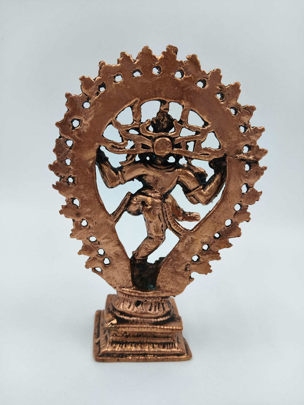 Copper brass Nataraja dancing Shiva sculpture with ornate halo and pedestal