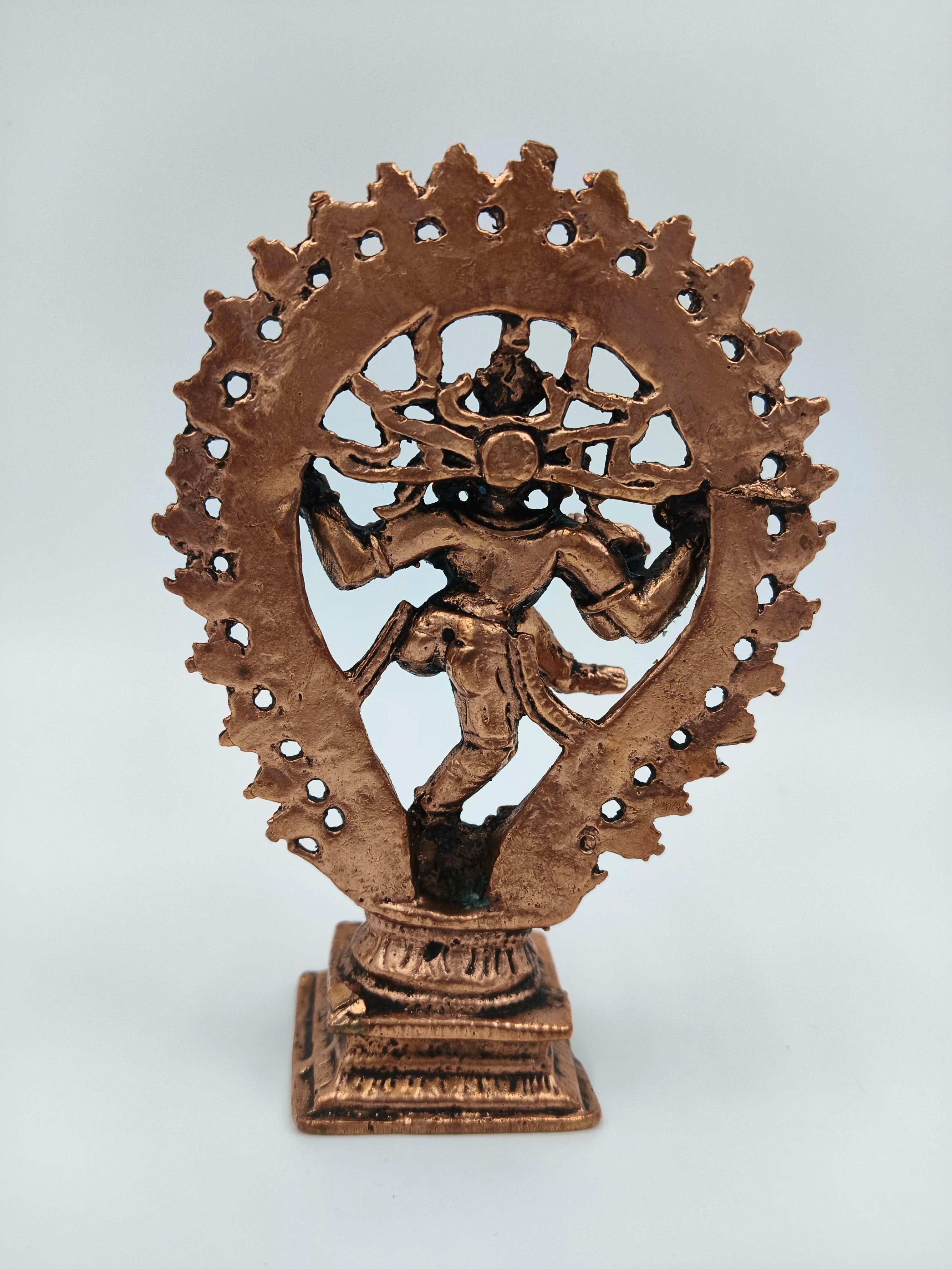 Copper brass Nataraja dancing Shiva sculpture with ornate halo and pedestal