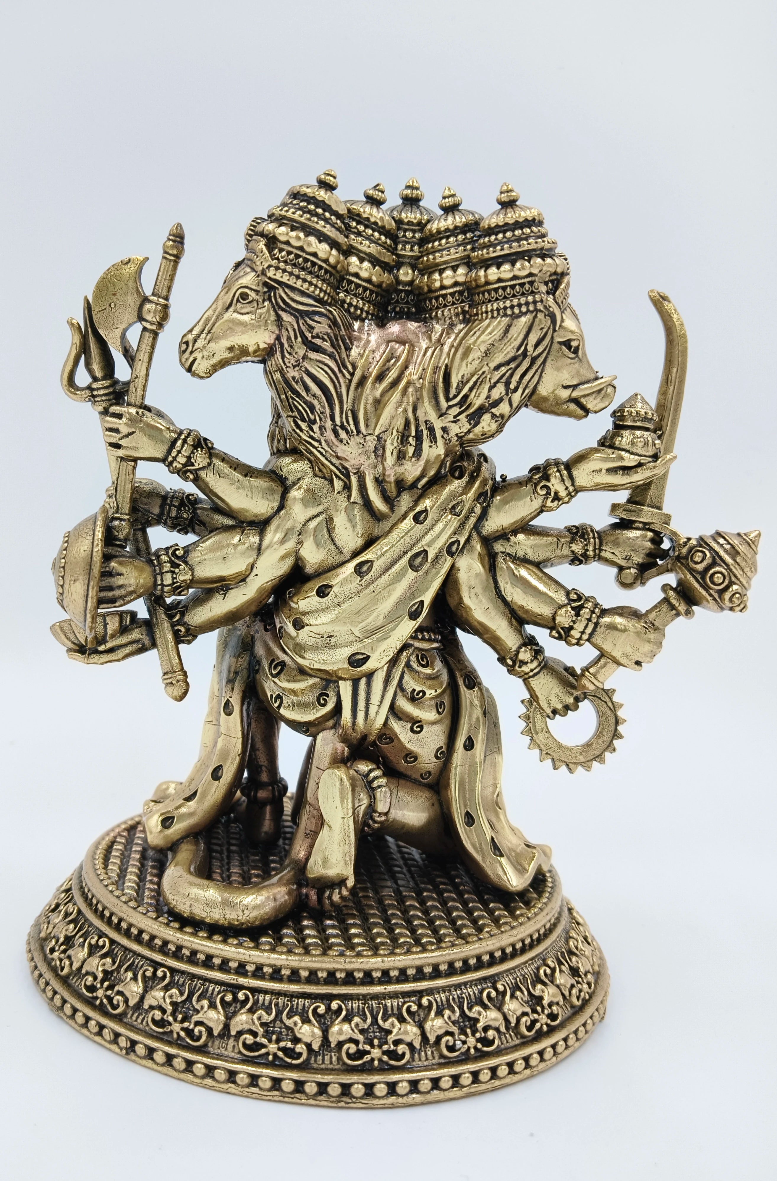 Brass Panchavaktra Mahaveer statue with five heads and eight arms holding weapons