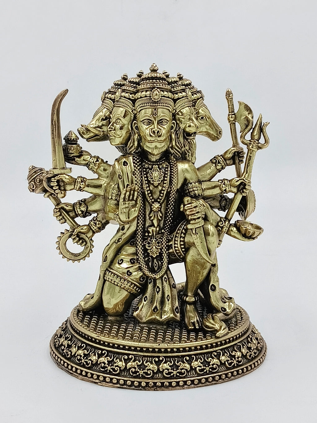 Brass statue of Pancavaktra Mahaveer with multiple heads and arms holding weapons