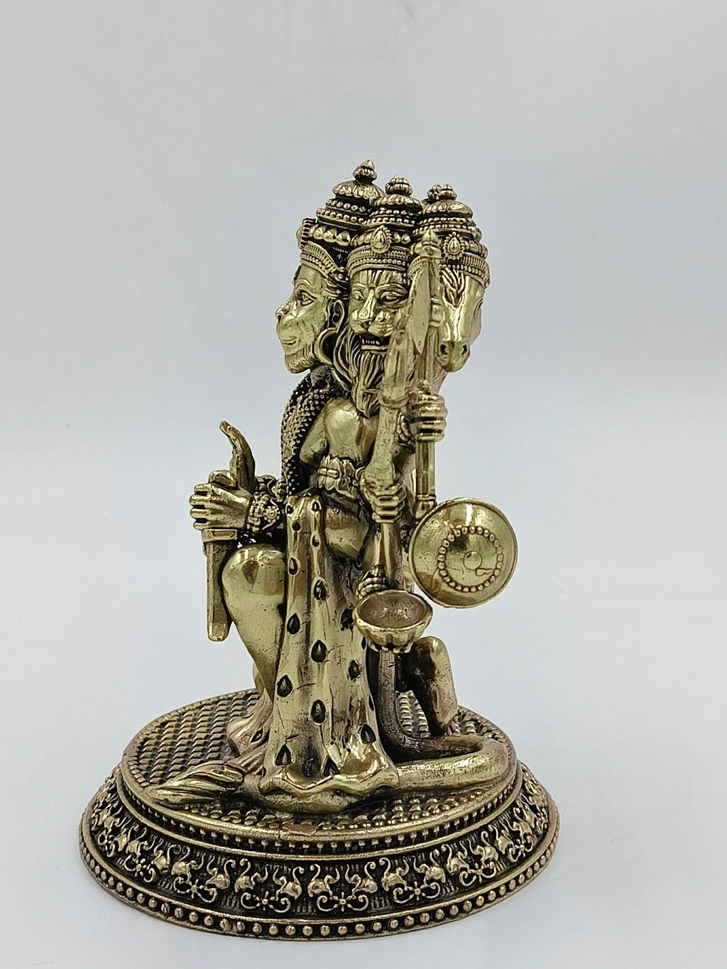 Brass Pancavaktra Mahaveer statue with five heads sitting on decorative base
