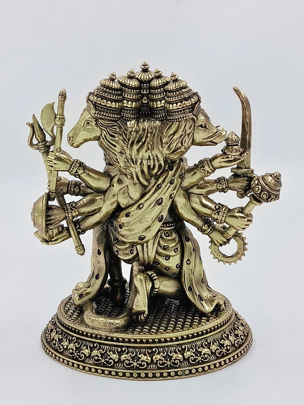 Brass statue of Pancavaktra Mahaveer with five heads and multiple arms holding weapons