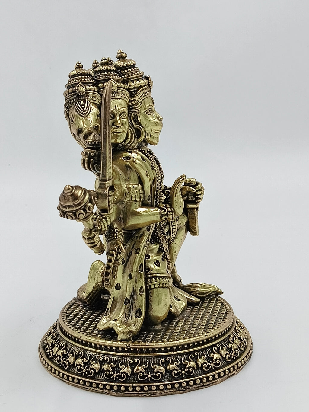 Brass sculpture of Pancavaktra Mahaveer Hanuman with five heads and multiple arms