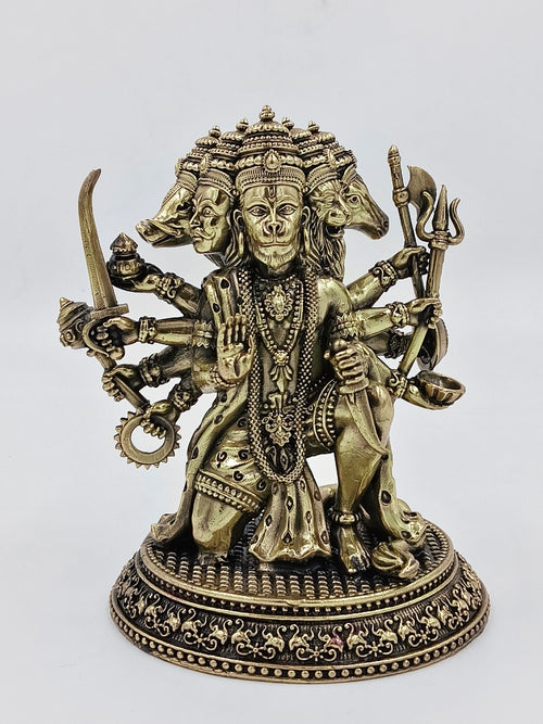 Brass statue of Pancavaktra Mahaveer with five heads and multiple arms holding weapons