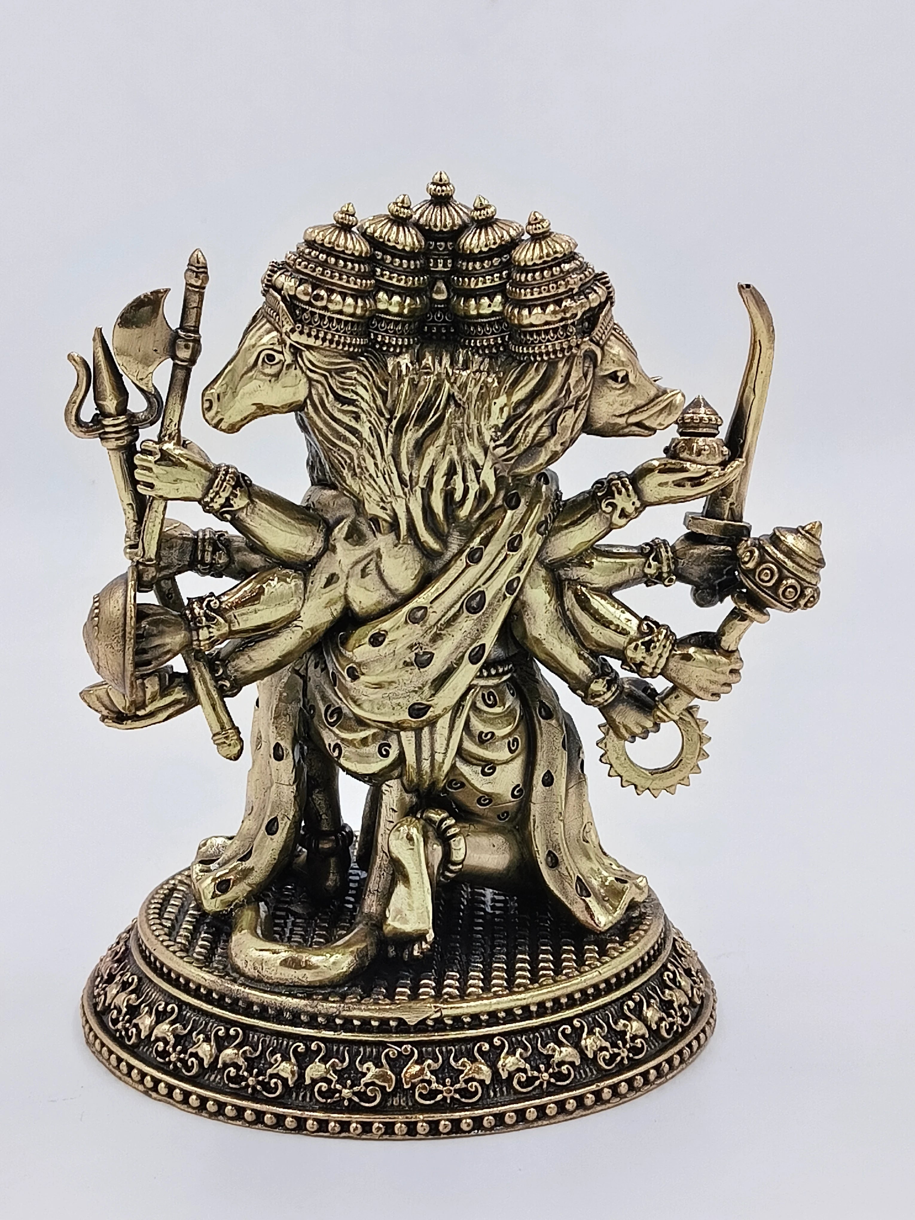 Brass sculpture of Pancavaktra Mahaveer deity with multiple heads and arms on decorative base