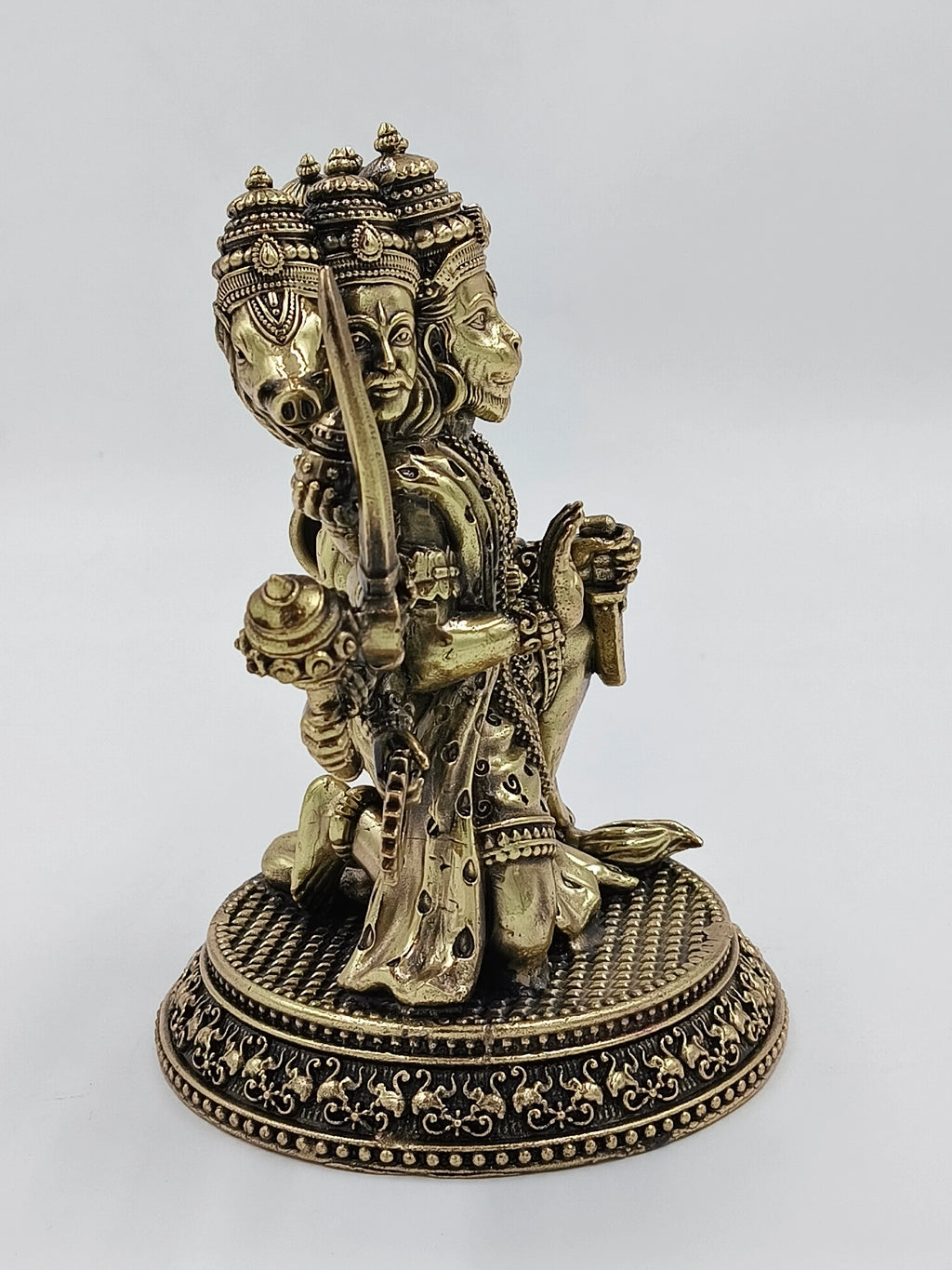 Brass Pancavaktra Mahaveer sculpture of Hanuman with five heads and detailed base