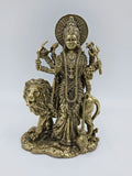 Medium brass statue of Goddess Durga with multiple arms and lion companion