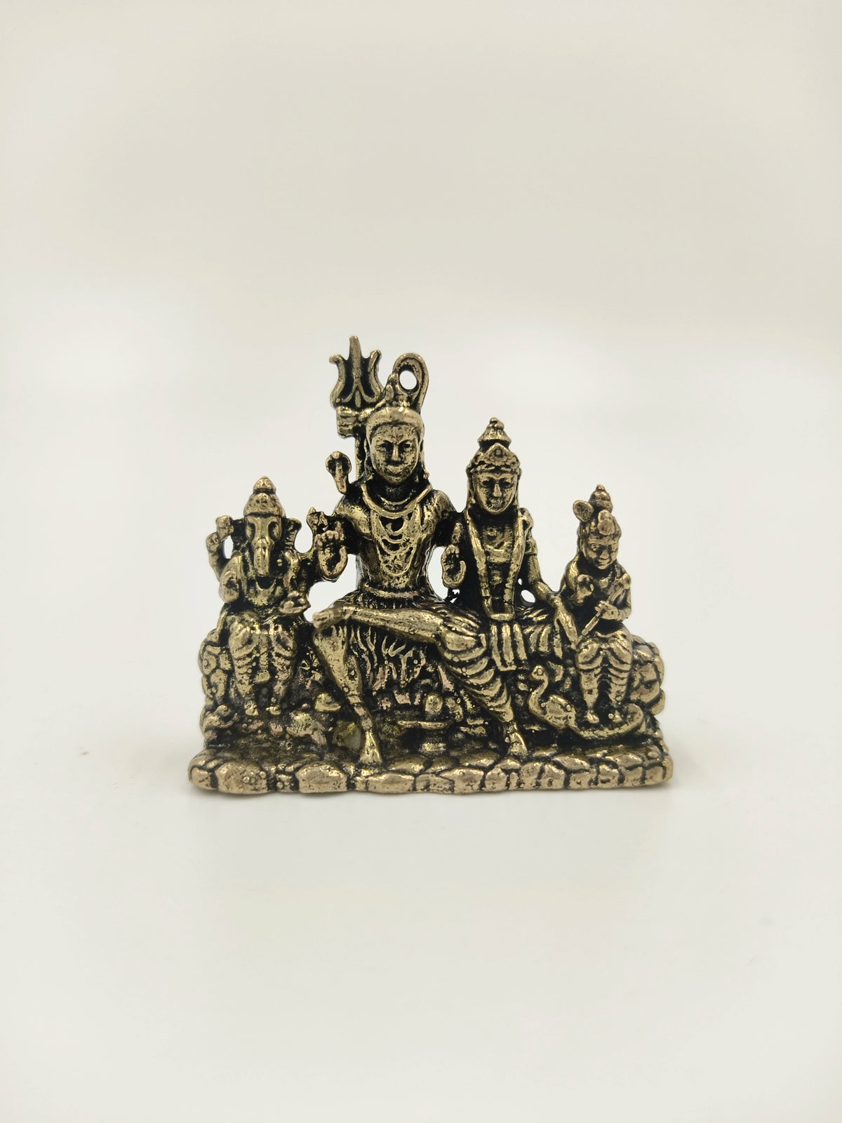 Mini brass sculpture of Shiva Parivar with Shiva, Parvati, Ganesha, and Kartikeya