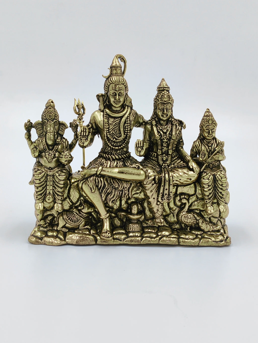 Brass Shiv Parivar sculpture featuring Shiva, Parvati, Ganesha, and Kartikeya