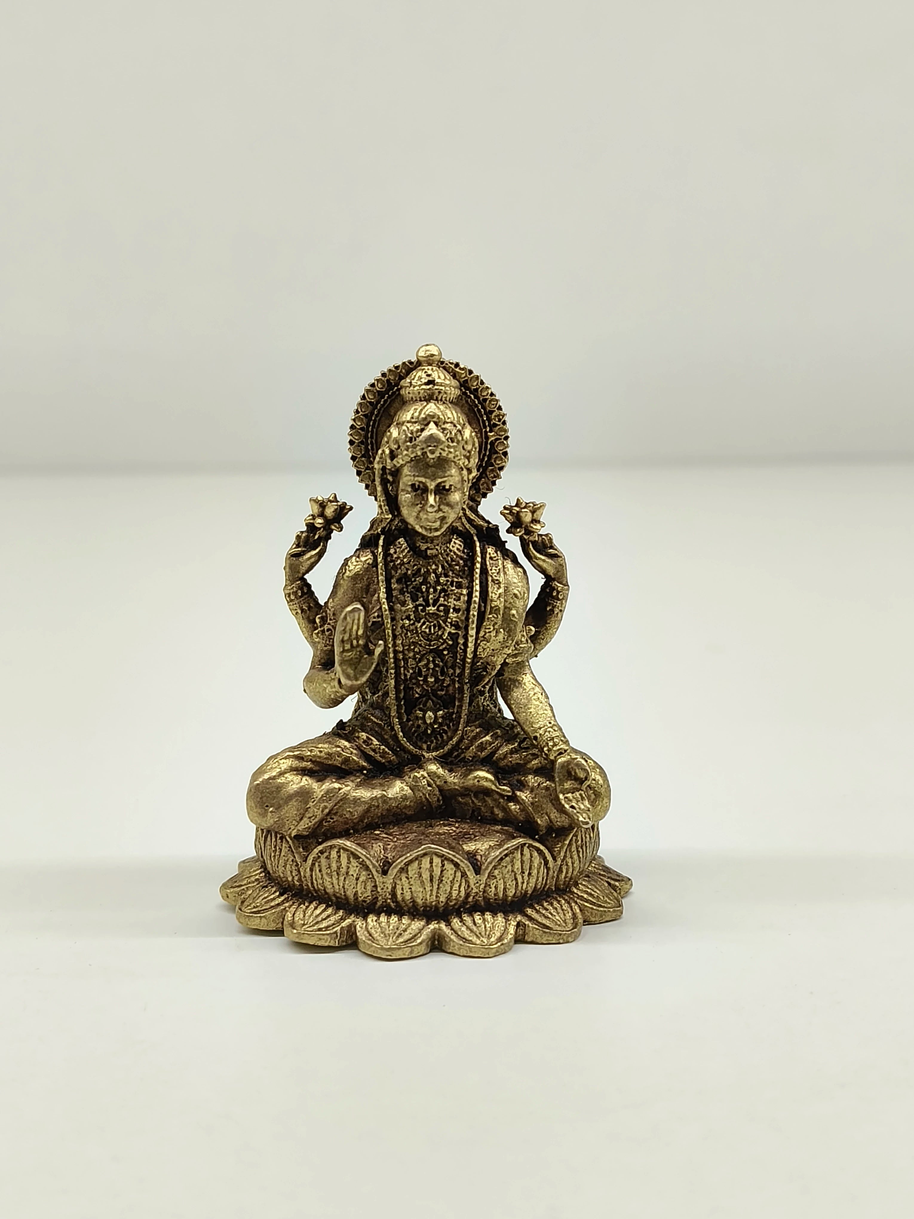 Mini brass Lakshmi idol seated on lotus base, front view