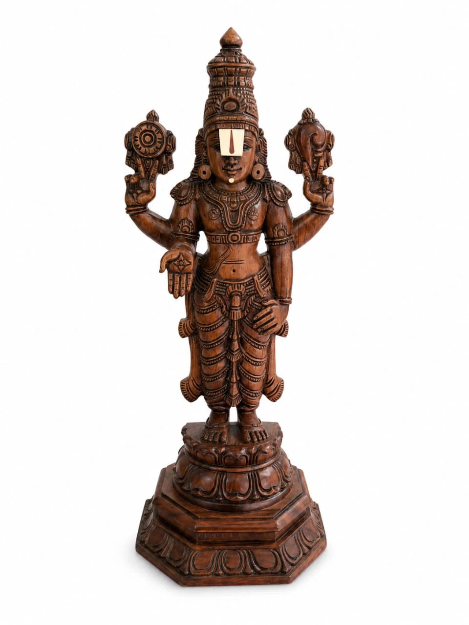 Large teakwood statue of deity Balaji with intricate carvings on ornate base