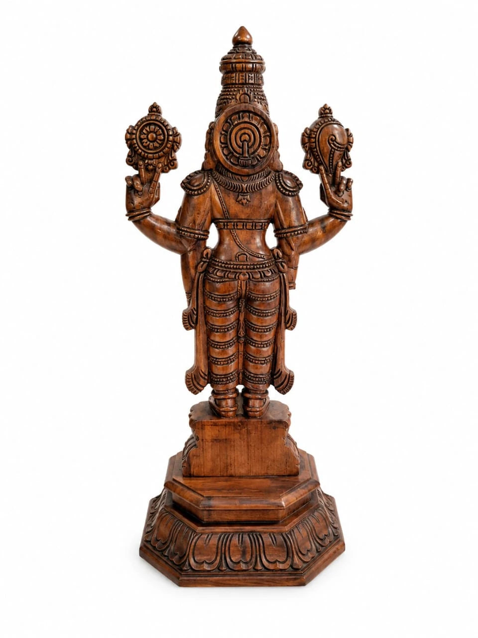 Side view of large teakwood Balaji statue with detailed carvings
