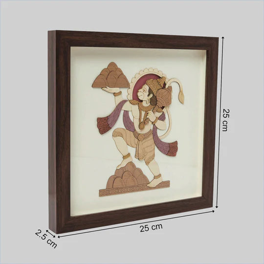 Framed wood art picture of Hanuman deity holding mountain and mace