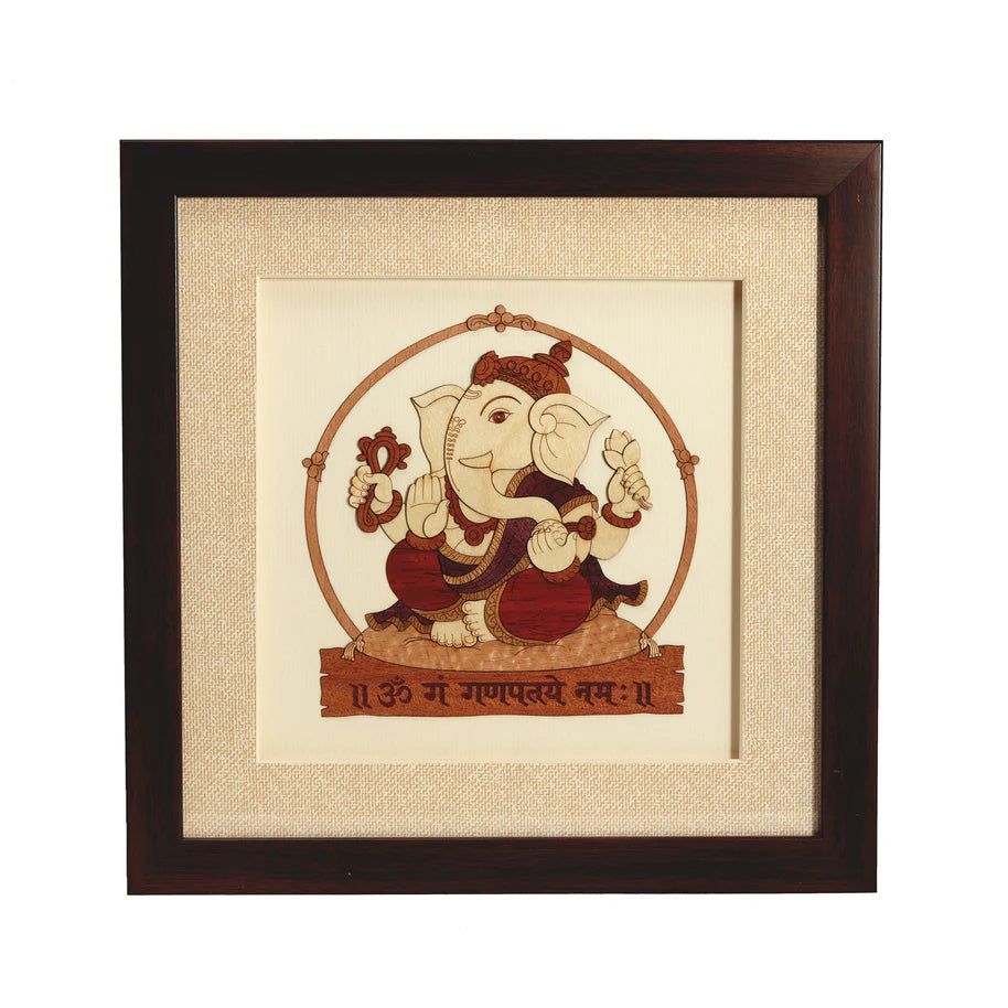 Small framed wood art picture of Ganesh with Sanskrit inscription