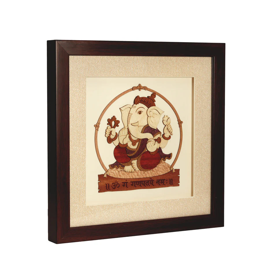 Wood art picture of Lord Ganesh framed with beige mat and dark wood border