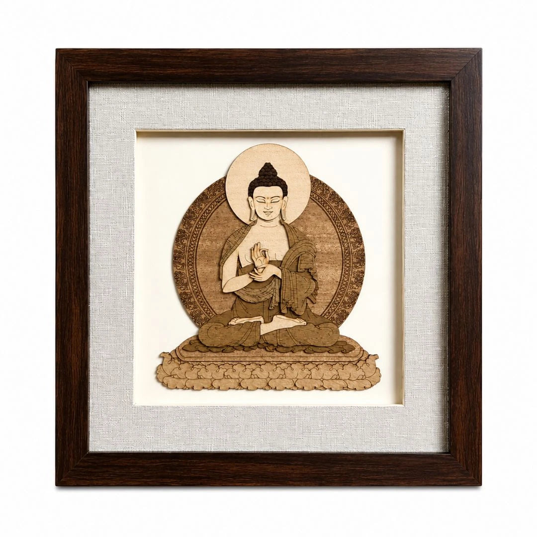 Small wooden framed art picture of Buddha seated with detailed mandala background