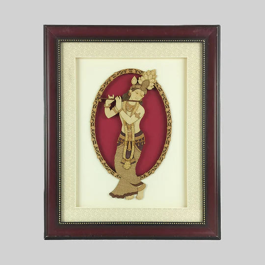 Framed wooden art picture of Krishna playing flute with ornamental border