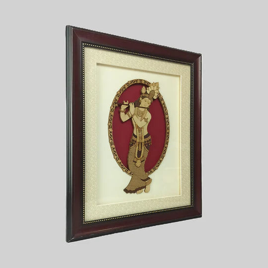 Wooden framed wall art of Krishna playing flute with red background