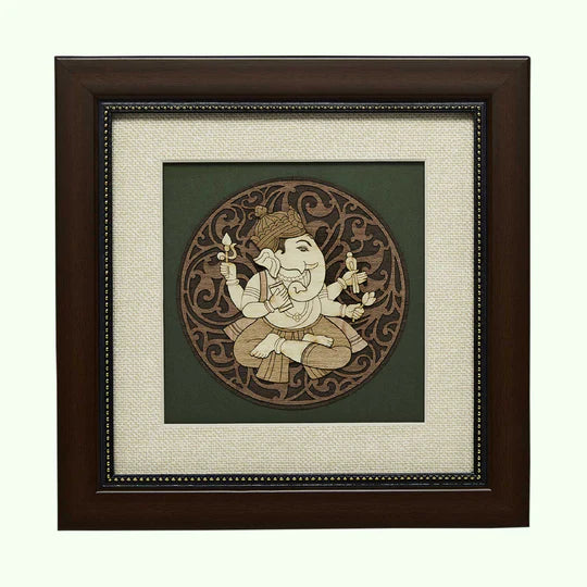 Wooden framed art picture of Pothi Ganesh deity with intricate circular design
