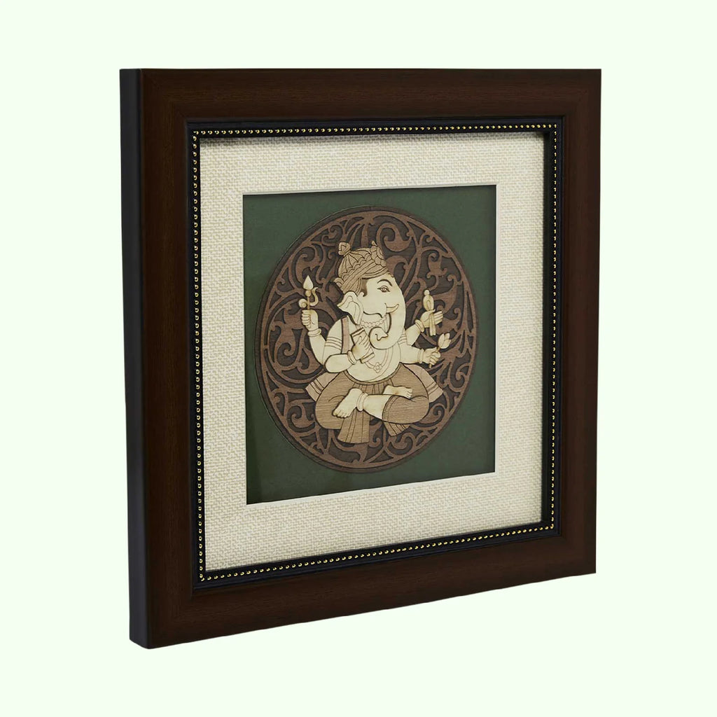 Wooden framed tabletop artwork of Lord Ganesh with intricate carved details