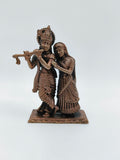 Small copper brass standing sculpture of Radha Krishna playing flute on rectangular base