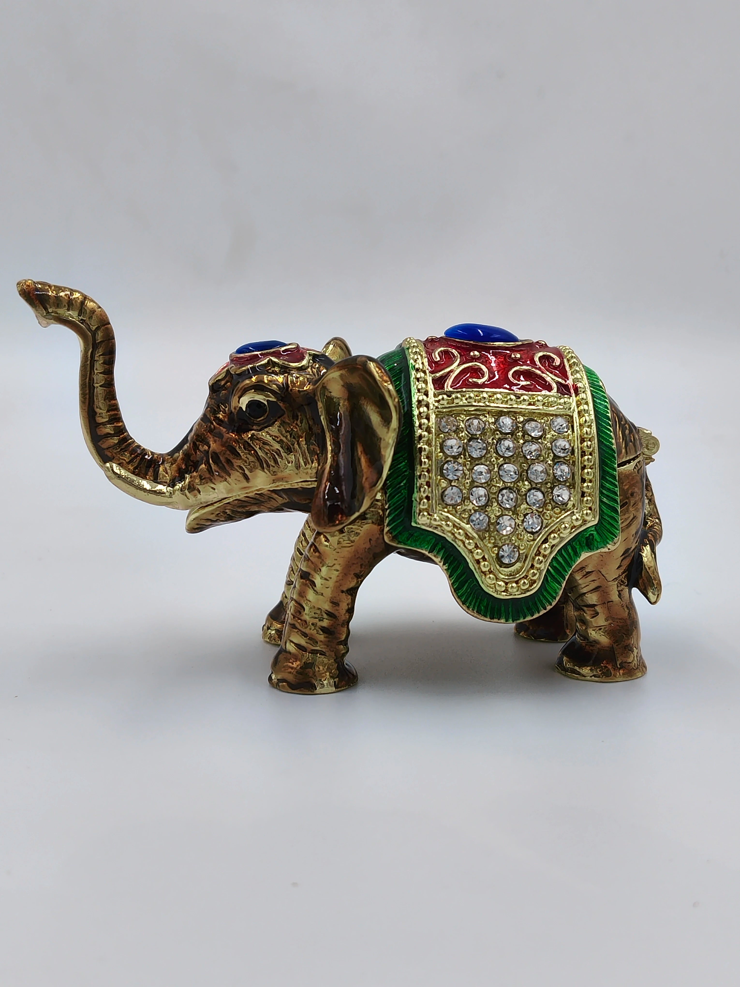 Mini brass elephant figurine with copper enamel and decorative gemstones