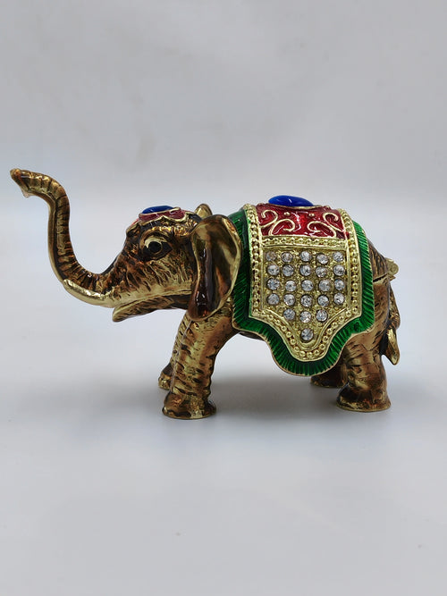 Mini brass elephant figurine with copper enamel and decorative gemstones