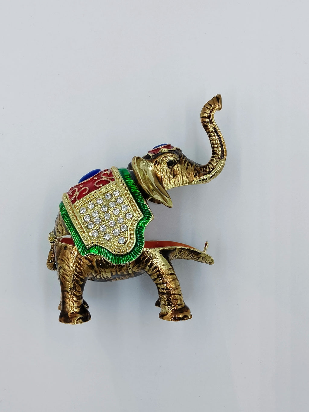 Mini brass elephant figurine with copper enamel and rhinestone decoration