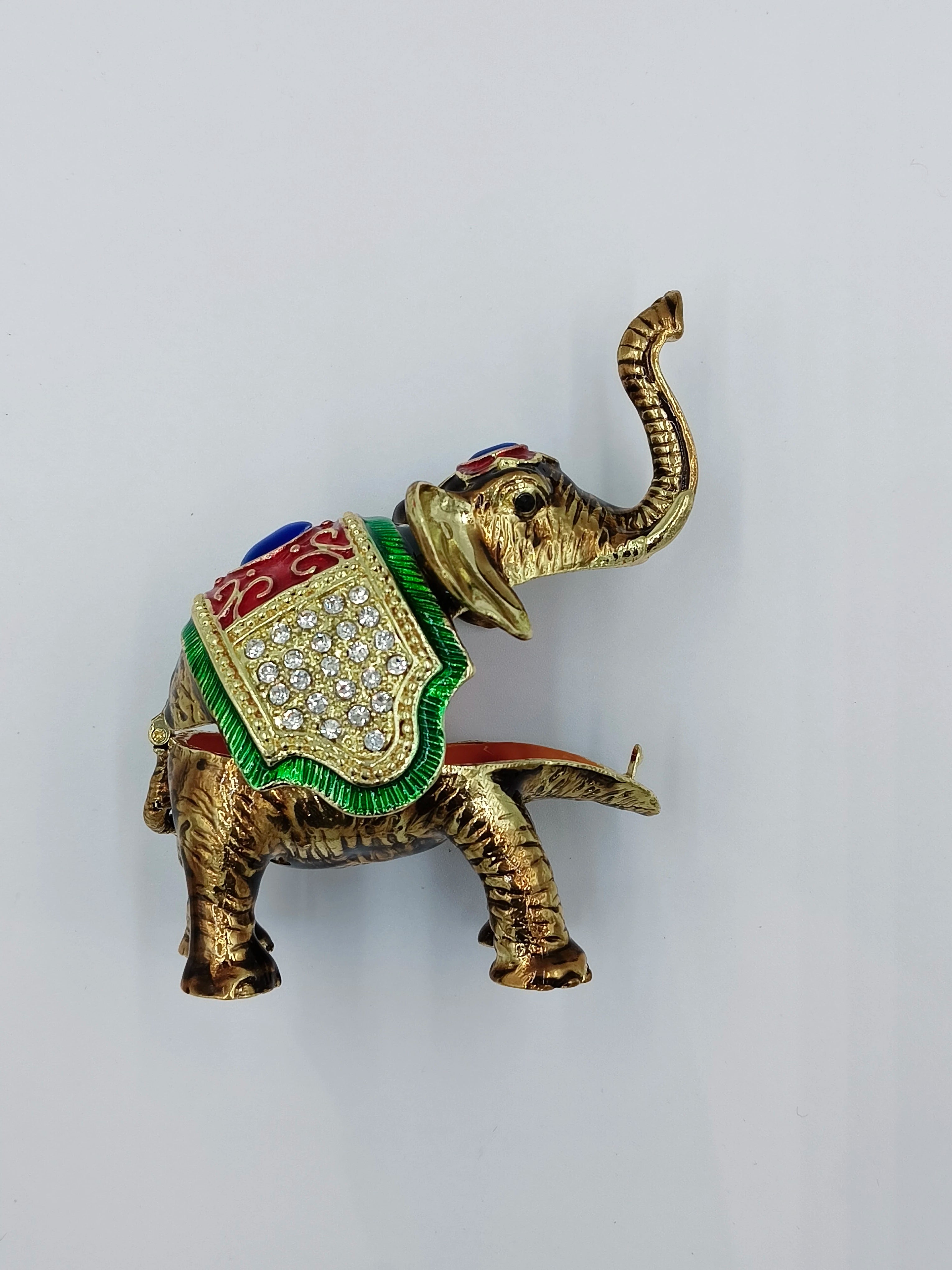 Mini brass elephant figurine with copper enamel and rhinestone decoration