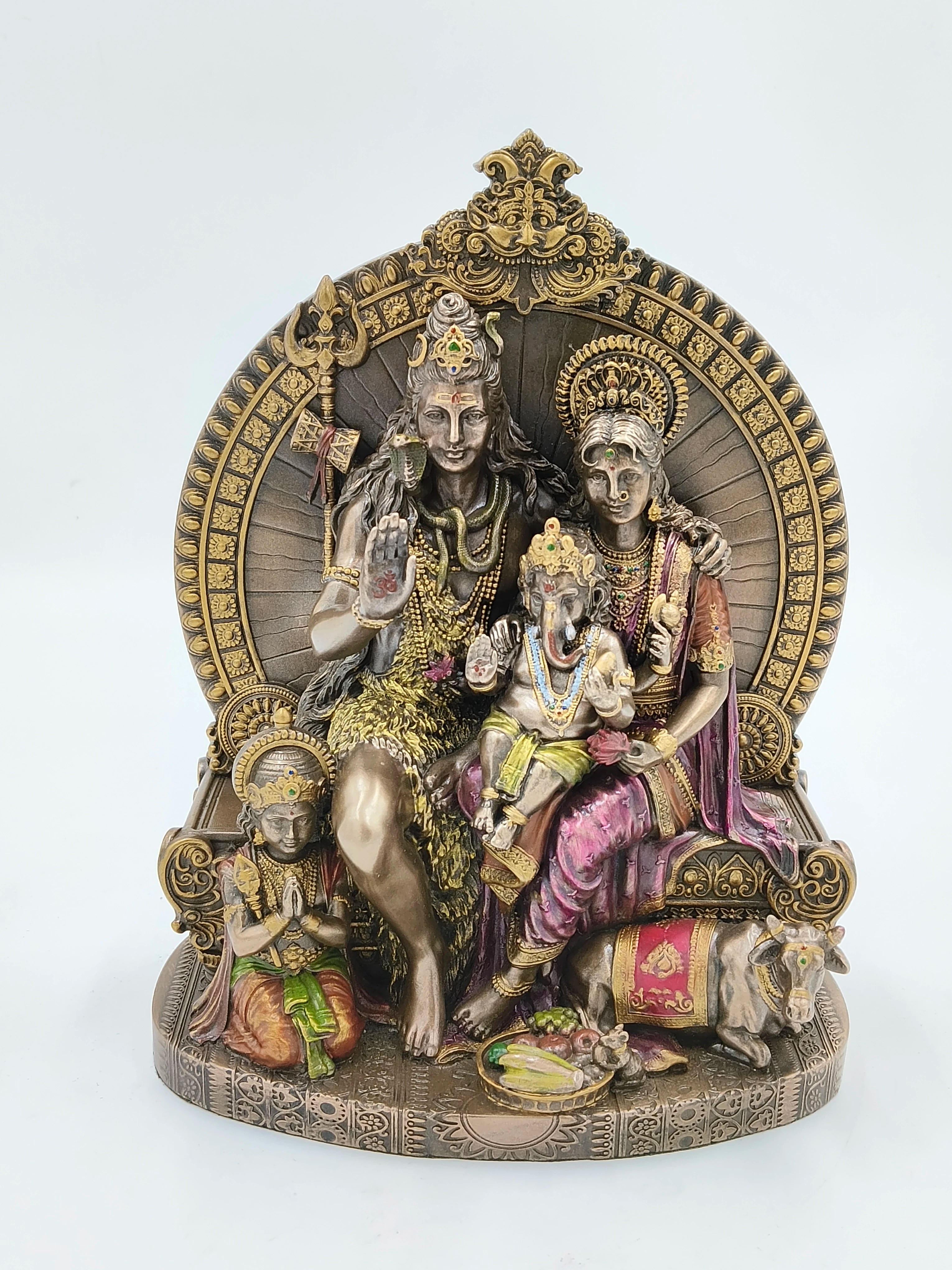 Large polyresin statue of Shiva family with Shiva, Parvati, Ganesha, Kartikeya, and bull