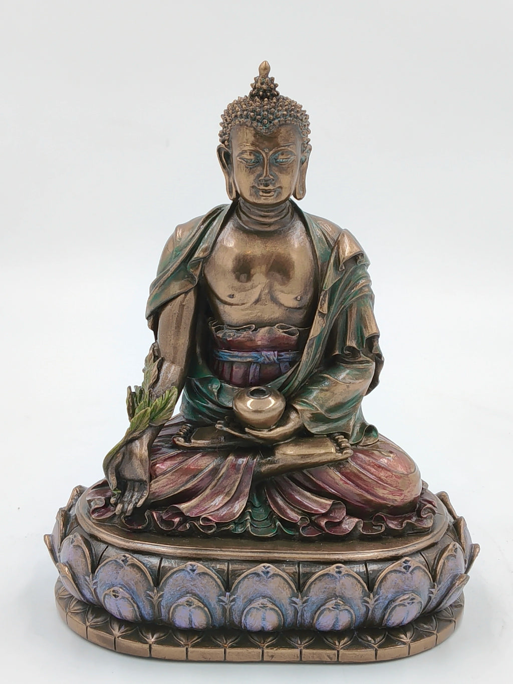 Medium-sized polyresin Buddha statue seated on a lotus base, front view