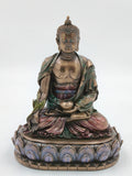 Medium-sized polyresin Buddha statue seated on a lotus base, front view