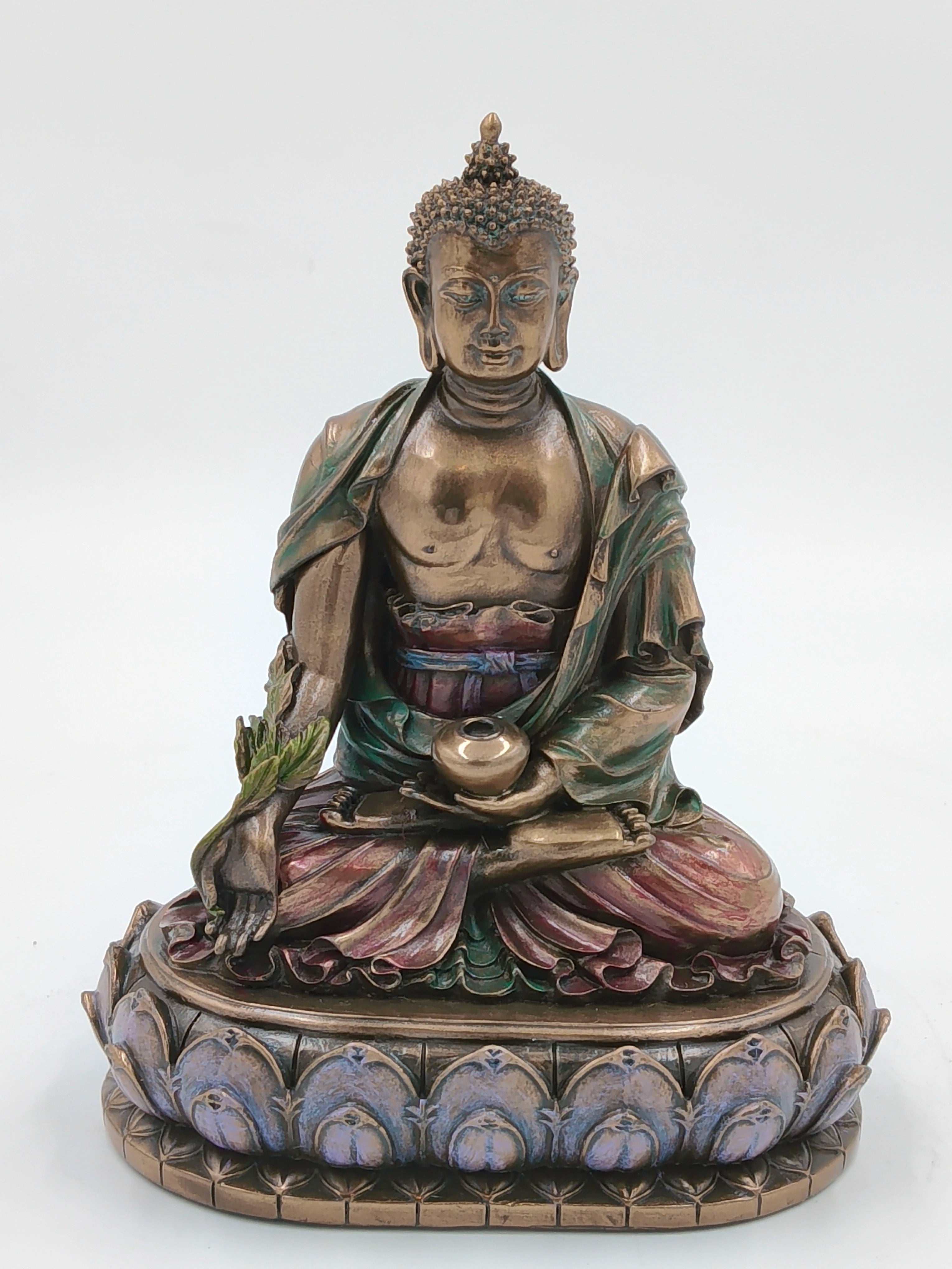 Medium-sized polyresin Buddha statue seated on a lotus base, front view