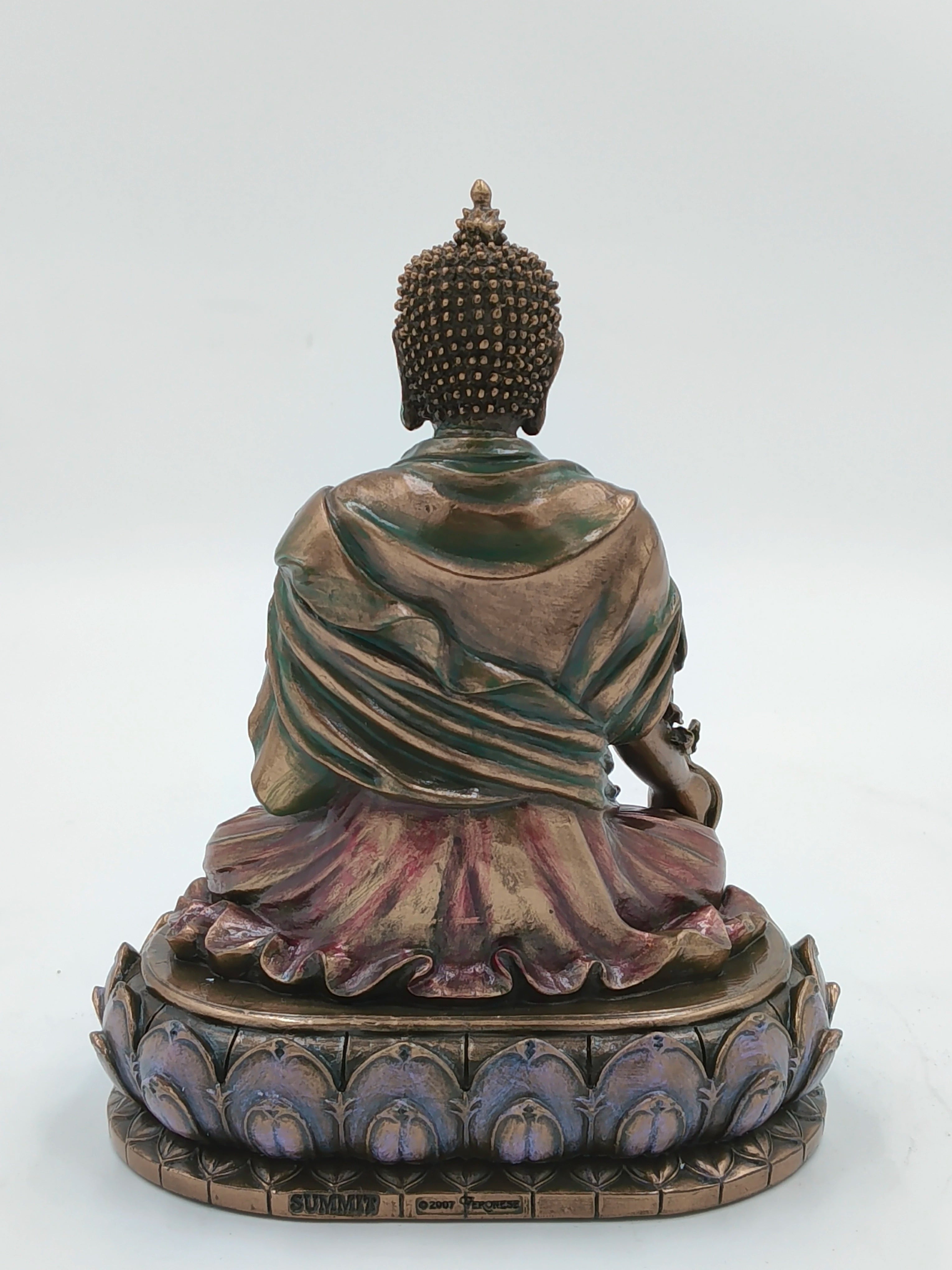 Back view of medium polyresin Buddha statue seated on a lotus base