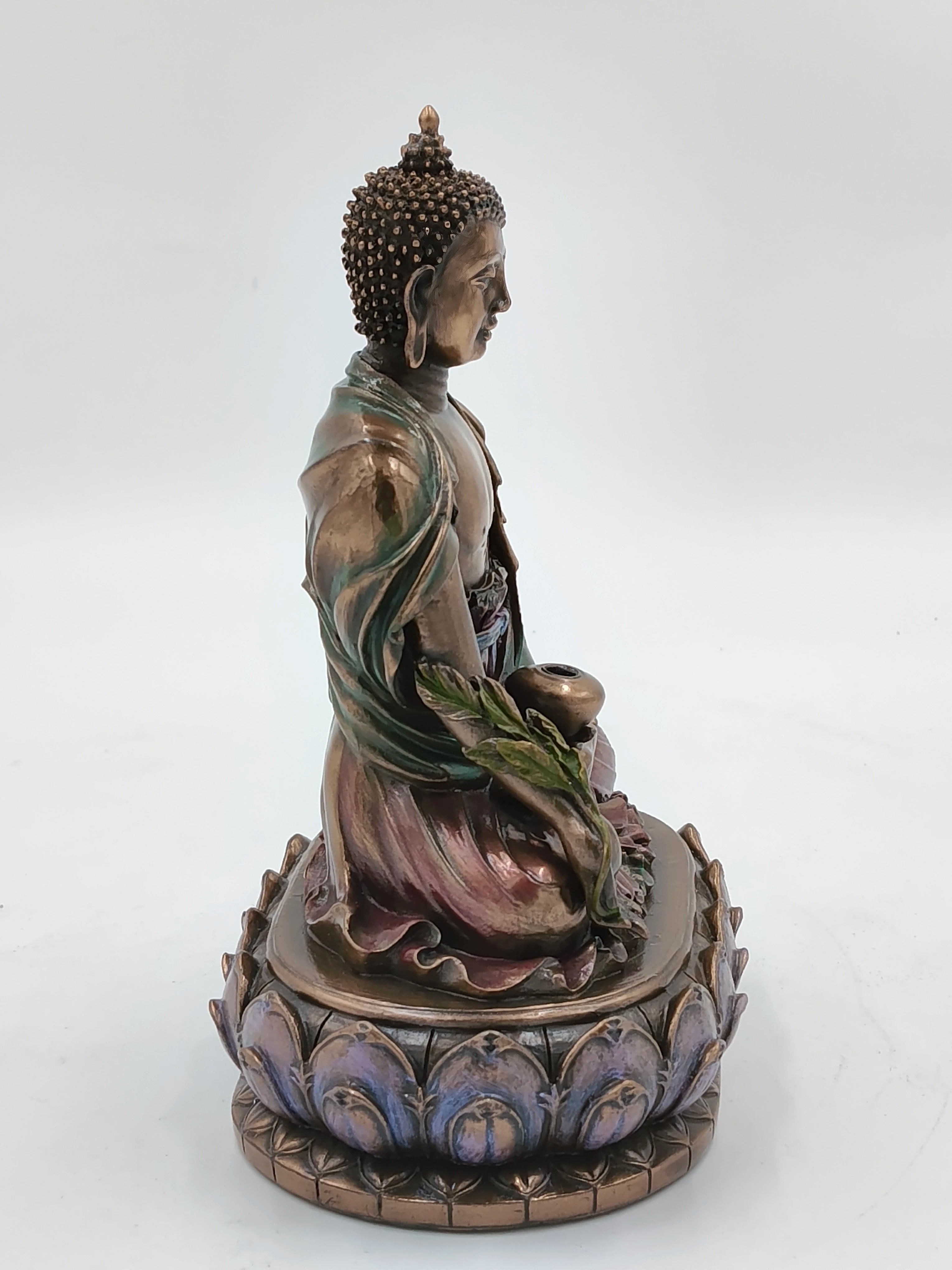 Side view of medium polyresin Buddha statue seated on lotus base