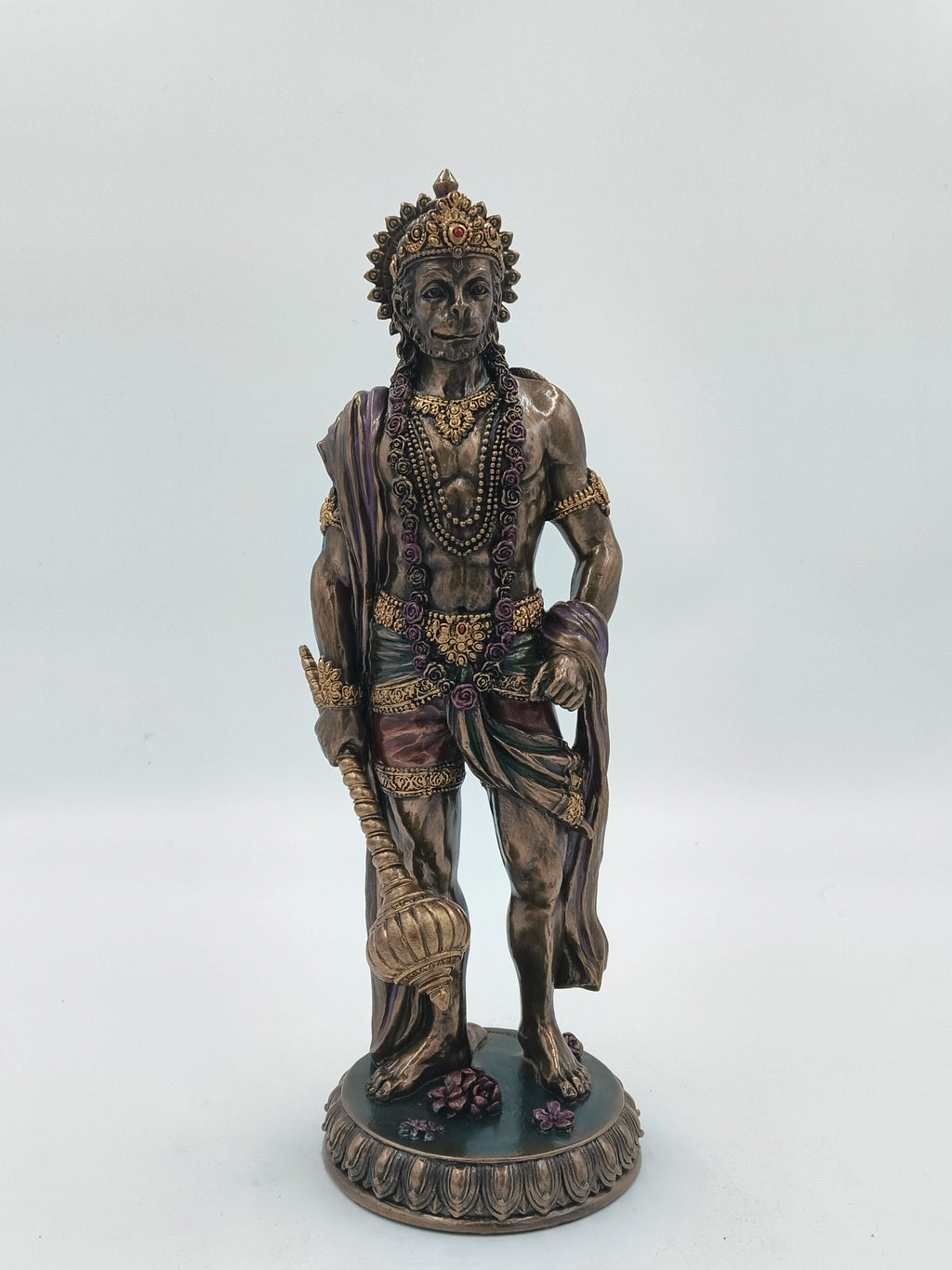 Large polyresin standing Hanuman statue with mace and decorative jewelry