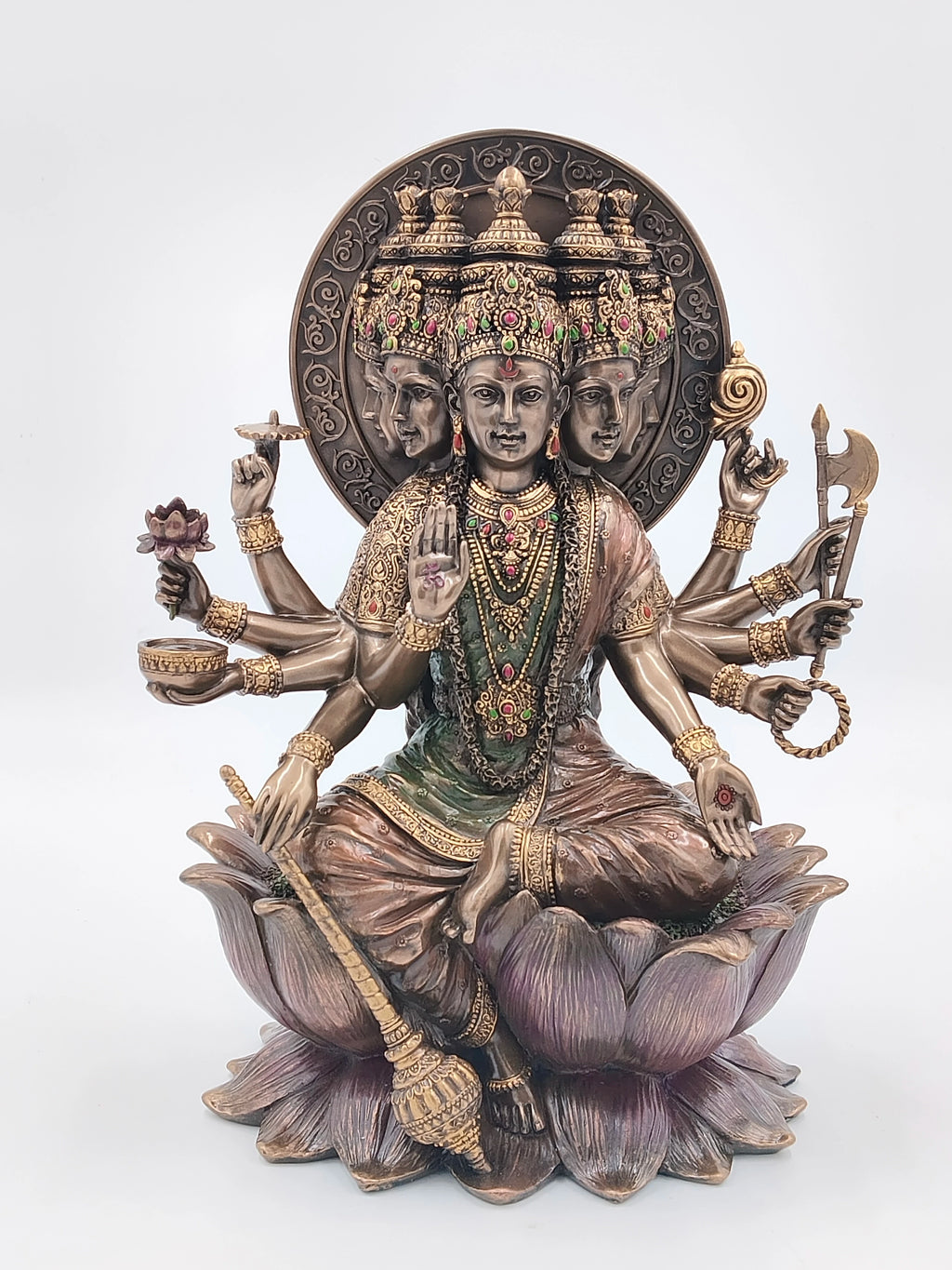 Large polyresin statue of Gayatri Ma with multiple arms seated on a lotus