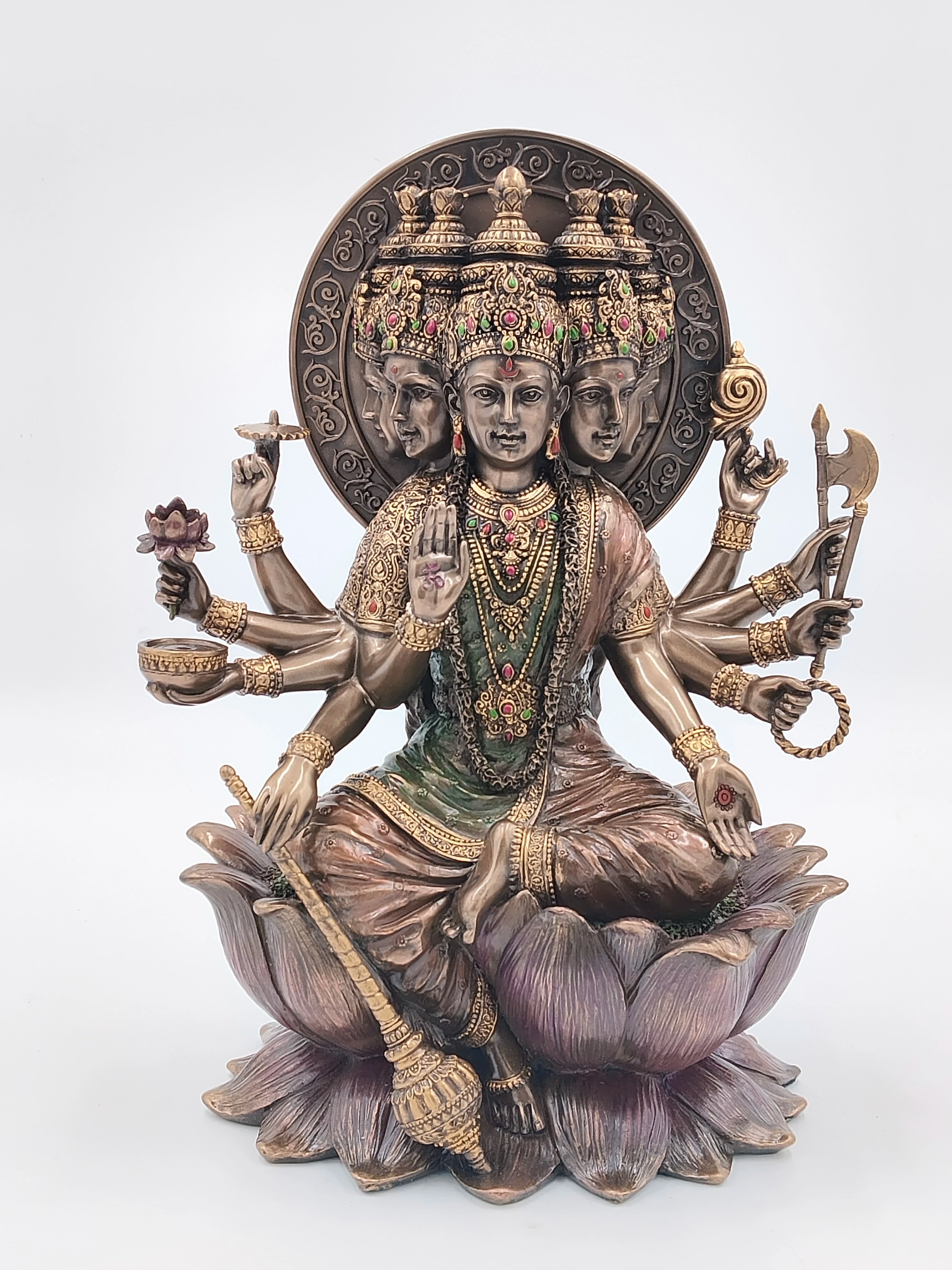 Large polyresin statue of Gayatri Ma with multiple arms seated on a lotus