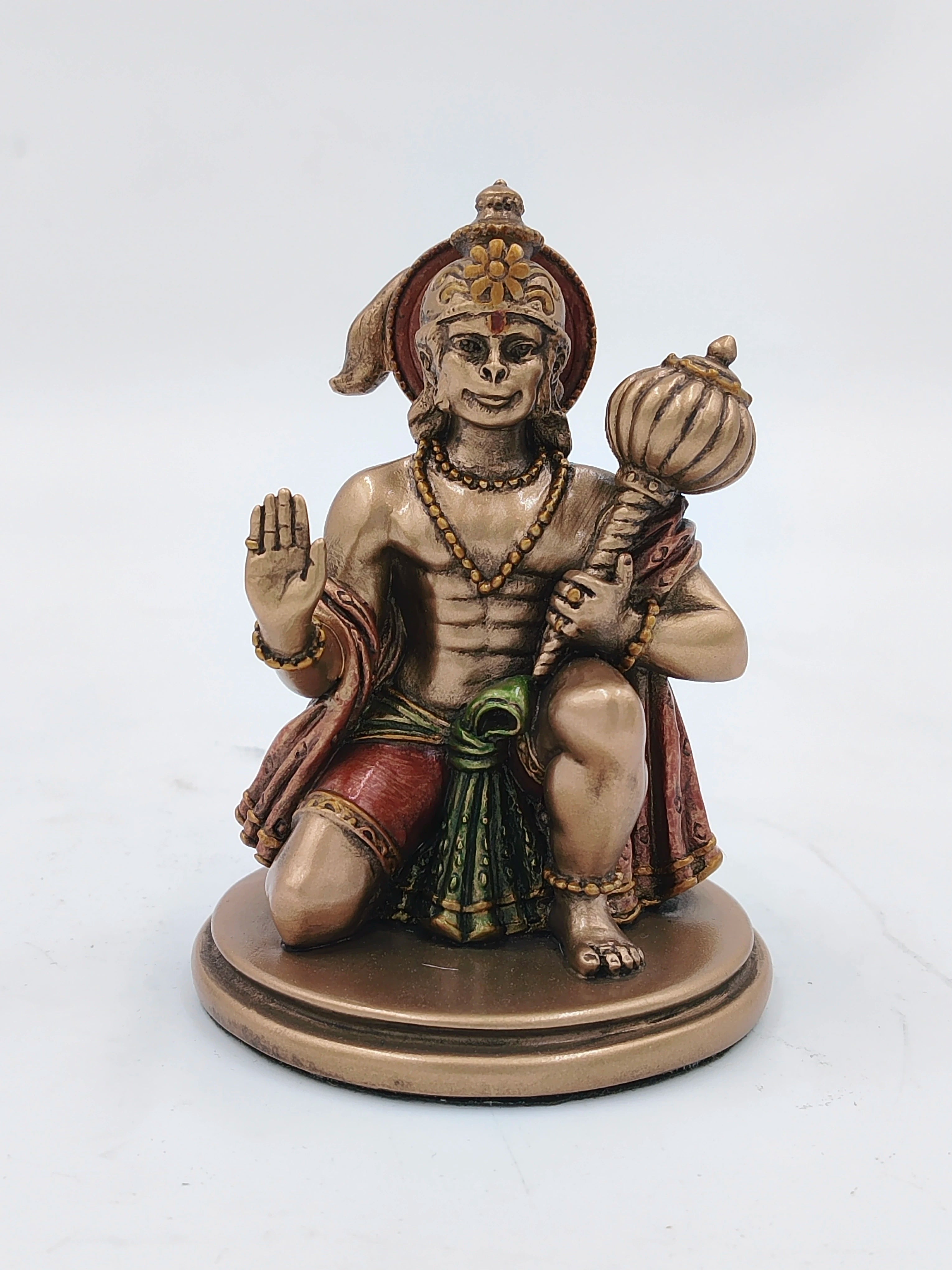 Small polyresin Hanuman statue kneeling with mace and raised hand