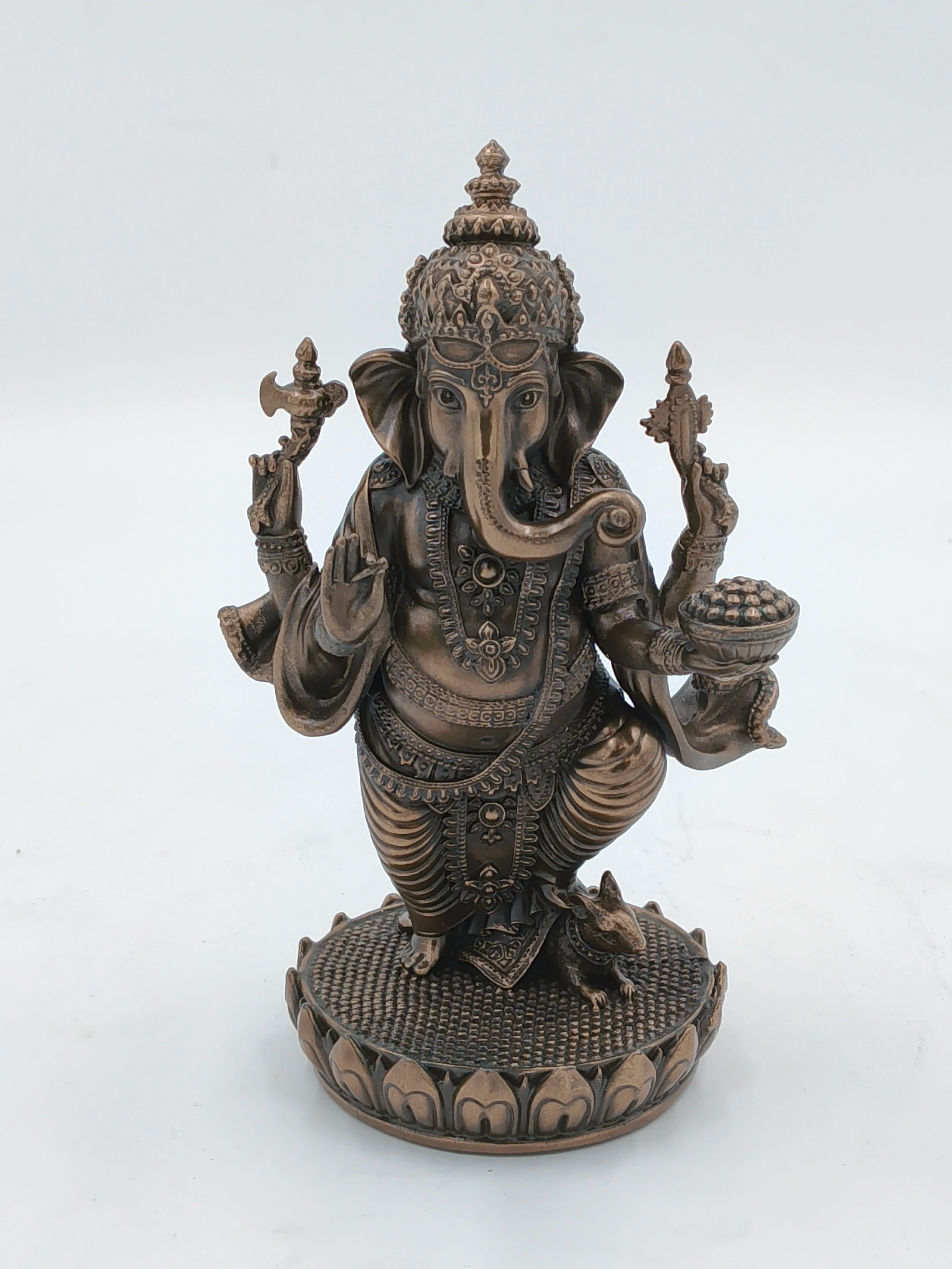 Medium polyresin standing Ganesh statue with intricate ornaments on lotus base