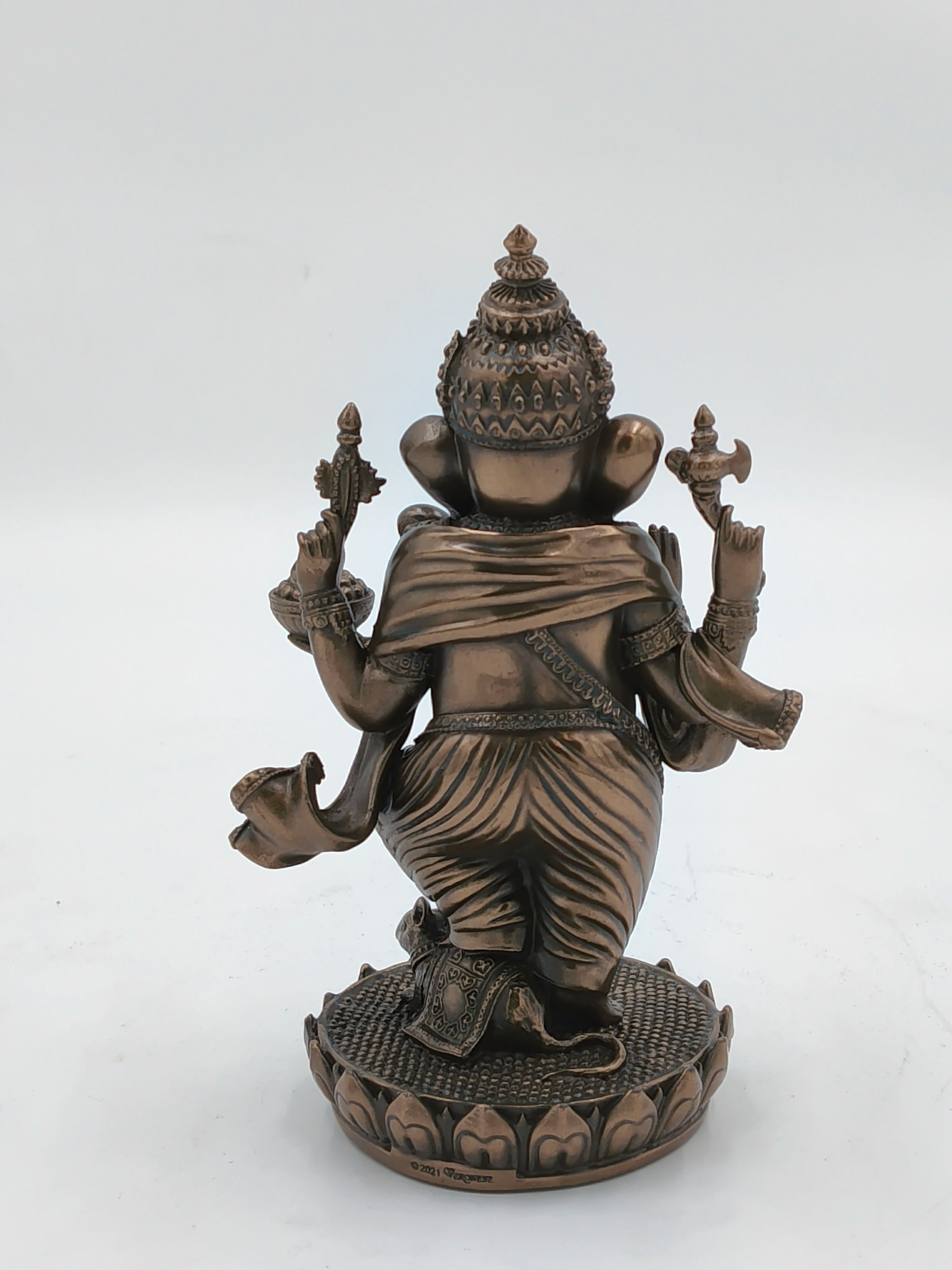 Back view of medium polyresin Ganesh standing statue with ornate details