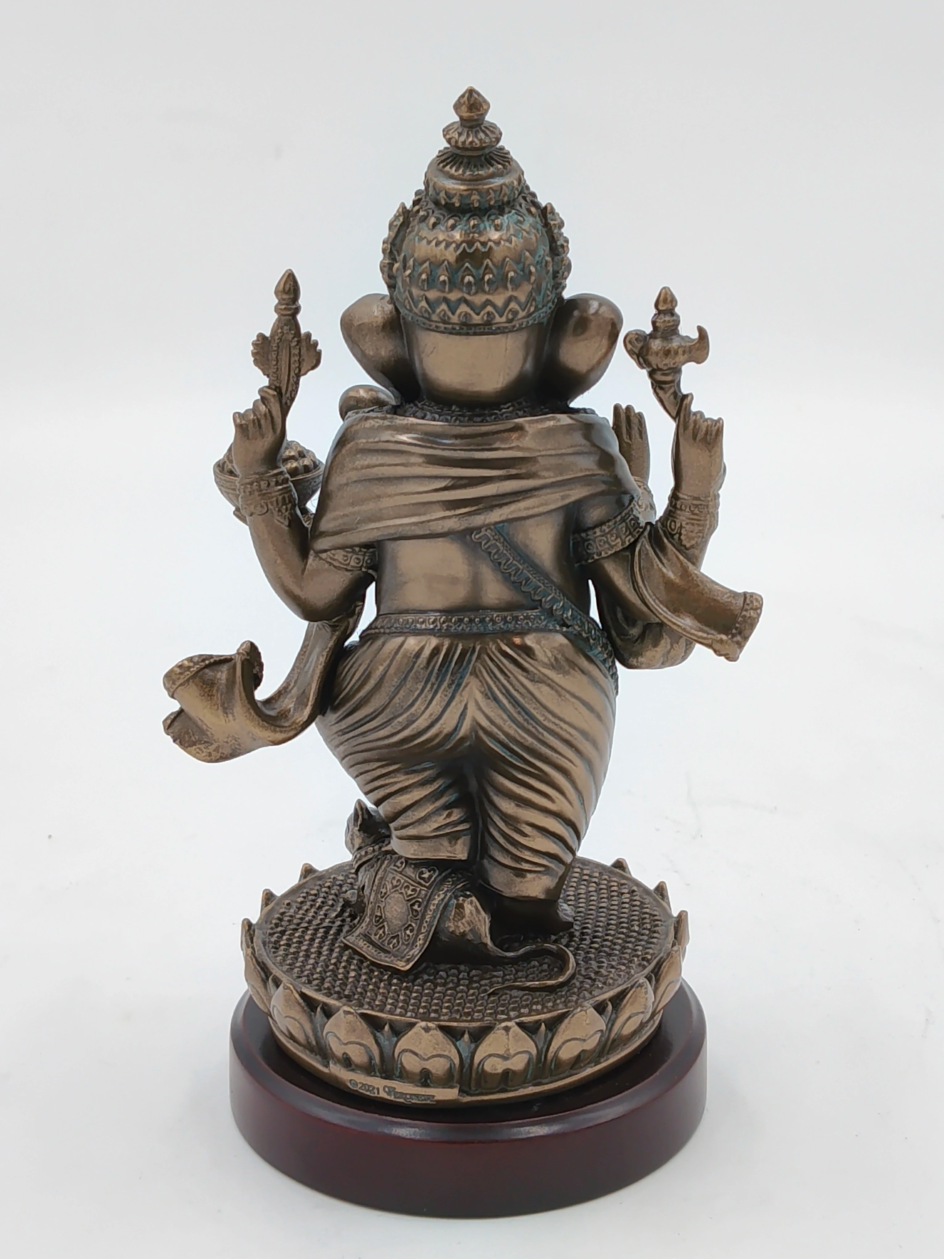Back view of medium polyresin standing Ganesh statue on round base